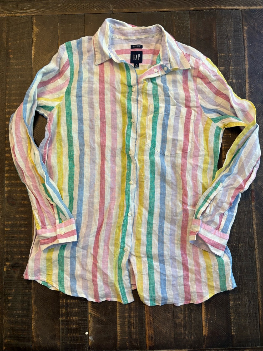 Gap Boyfriend Linen Shirt Women Multicolor Stripe Button Up Preppy Coastal